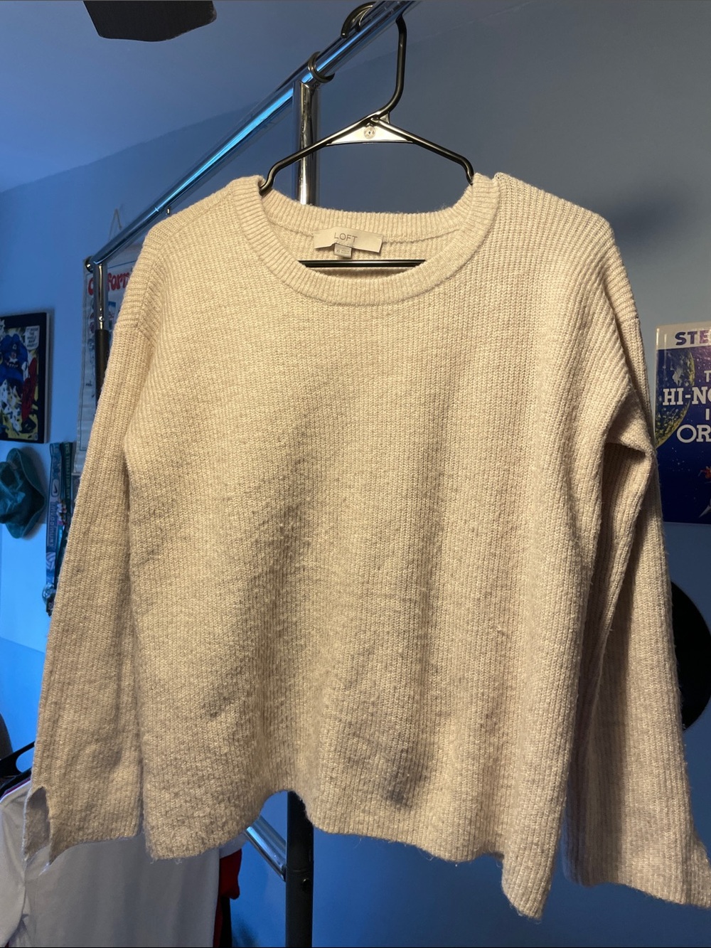 LOFT Light Cream Ribbed Crewneck Sweater